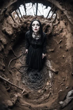 Closeup tall Girl goth with big eyes, fullbody, ragged clothes, extended like roots, the perspective looking up from the bottom of an empty well , behind mud and rats, 8k,macro photography,