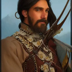 portrait,"Insanely detailed photograph of a male western mustachioed crossbowman", detailed charro, sequenced Sombrero, detailed held dagger, digital painting, artstation, concept art, sharp focus, illustration, art by artgerm and greg rutkowski and alphonse mucha, 8 k,fantasy, unreal engine