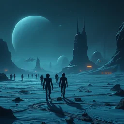 dark futuristic desolate terrain alien figures walking dystopian snow night time space ships buildings