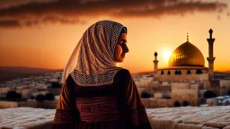 A Palestinian woman wearing an embroidered dress with the Dome of the Rock in front of her during sunset in winter.