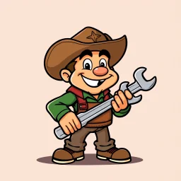 retro cartoon company mascot of a vehicle mechanic with a hint of forest ranger, holding a torque-wrench.