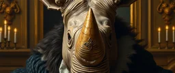 close up portrait painted by Rembrandt, stupid looking furry dragon rhino at banquet