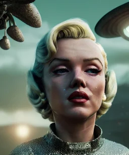 Ultra Realistic retro sci-fi 1960 scene, waist up view portrait, blonde woman, sweet young Marilyn Monroe face, perfect iris, tight latex coat, Strange planet background, Retro sci-fi style glass helmet, sphere dron, fog, rain, soft color, highly detailed, unreal engine 5, ray tracing, RTX, lumen lighting, ultra detail, volumetric lighting, 3d, finely drawn, high definition, high resolution.