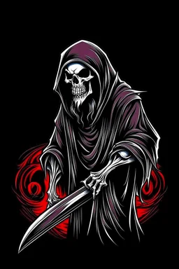 hooded Grim-Reaper gripping scythe, vignette, black and white graphic novel style with a red outline, and black background,
