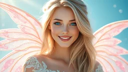 Enlighten, highly detailed image nice smiling happy whole body sunshine faery lady, beautiful blue eyes, long wonderful hair, bright cristal glitter silk fairy wings, bright morning, sugar sweet white gold light pink blue shining graduated colours, nice magic atmosphere, cosmic ambiance, waterfalls, flowers, glitters, sugar sweet puffy cotton, hyper ultra realistic, 32 K, tom bagshaw, greg rutkowski, global illumination, radiant light, bright sky, intricate details