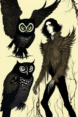 Black haired, owl-man, Skinny, warlock, with black wings, and owl legs, in the style of Harry Clarke