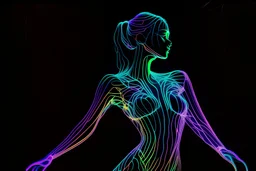 black background, outlines of a holographic woman drawn from thin neon-coloured glowing lines