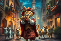 create "The Cat Pied Piper of Hamelin, whimsical and colorful Renaissance attire, playing a golden flute, leading playful and mischievous cats through vibrant, cobbled Renaissance streets, people on balconies laughing and pointing, surreal lighting, dreamlike vibe, highly detailed, vivid colors, painterly style, 8K, magical realism meets historical fiction --v 7 --ar 4:3 --style raw --q 2"