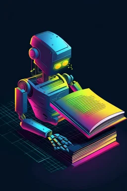 generate a color front cover simplistic illustration representation of Ai metalic bot editing a book