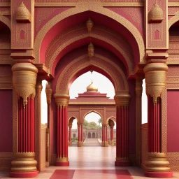 Hyper Realistic Traditional Indian Palace's Gate Traditionally Crafted Maroon Arches And Red Pillars With Golden Work.