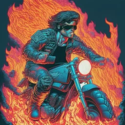 80s comic masculine motorbiker in lava