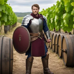 his warrior, Sir Fermented the Bold, used a bottle of wine as weapon and a barrel of Burgundy and shield. he looks aggressively at the camera, ready to strike, in a wineyard