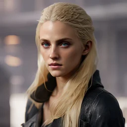 Photorealistic close-up of a beautiful blonde assassin with dystopian clothes and background