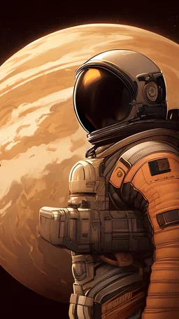 Un astronauta con el casco negro muy bien polarizado donde se refleja el fondo, cuerpo completo, viendo de perfil a la derecha, muy bien centrado en la imagen, con júpiter de fondo y que toda la imagen esté en tonalidades marrón y naranja, con resolución de 1080*2400