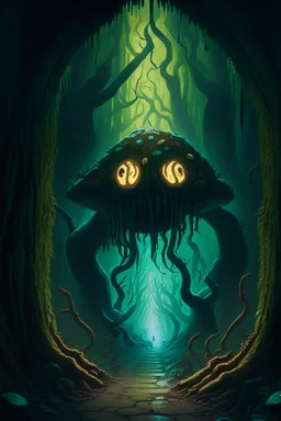 A frightening fungus forest dungeon hallway with a lumbering mushroom monster in the background