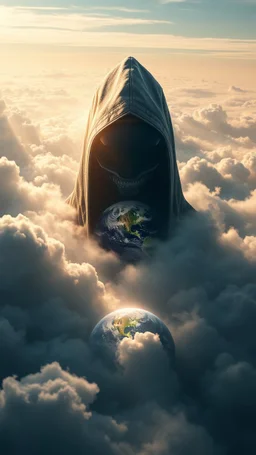 Portrait of a hooded alien above swirling clouds, emerges from the heart of a raging storm. Turbulent winds of steam swirl around the iconic structure, lit by shafts of sunlight that cast dramatic shadows on the A large planet Earth hovering by over the clouds, another high planet waiting to collapse with planet earth , High quality 16k cinematic scene and great photography