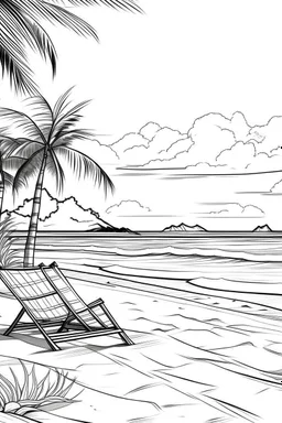 high resolution "realistic", 2D line art design, white background, detailed realistic "sandy beach with trees" clean sky, for coloring page, smooth vector illustration, monochrome,