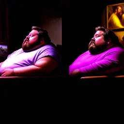 (fineart:1.5, masterpiece1.5) (realism:1.5) award winning picture of award winning fat, beardedd, 'fat man' (watching tv:1.8),, two panels, 50 percent is taken from the point of view of the tv, the other 50 percent is a side angle medium shot of the 'fat man'