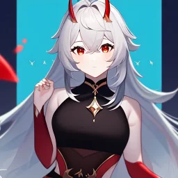 Genshin woman, Clear Focus High resolution, Calm Background, Light skinned woman, Black long beatiful hair, Red sparkling eyes, Red Horns, Black crop top, Black long bangs