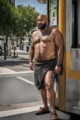 half figure photography of a 44 year old stocky burly arab , shirtless, bulging shorts,at a bus stop, hands on the fap, big shoulders, hairy chest, tattoo, very virile, short beard, short hair, side light, in a sunny street, photorealistic