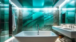 A bathroom with white marble walls, a floating bathtub with underwater lighting, and an open ceiling