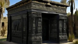 A black dark shack of mystery designed in ancient Egyptian architectures and sculptures painted by Leonardo da Vinci