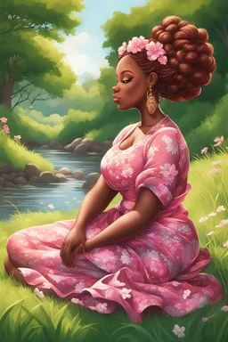 An airbrushed illustration of a curvy black cartoon woman sitting relaxed on a sunny riverbank, lush green grass surrounding her. Facing left in profile, she has flowing chestnut hair styled in an elaborate braided twist. complementing the pink floral maxi dress wrapped snugly around her exaggerated curves. One hand touches her cheek lightly as she looks to the distance, brown eyes enhanced by long lashes and purple eyeshadow. Bold brown lips match the brown flowers on her dress