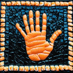 photograph made on a gopro hero 11 camera, down-shot of a mosaic of sushi pieces perfectly forming a hand shape, dark negative space,