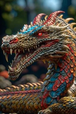 terrifying dragon with snake head, in the style of fantasy movies, photorealistic, shot on Hasselblad h6d-400c, zeiss prime lens, bokeh like f/0.8, tilt-shift lens 8k, high detail, smooth render, unreal engine 5, cinema 4d, HDR, dust effect, vivid colors