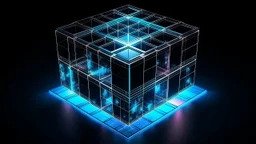 Cube tesseract located strictly in the middle of picture with space around it and with glow in tesseract, but without glow below it, without background or table. For 404 error page.