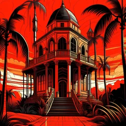 A stunning piece of line art, featuring vibrant orange, red , and black hues, depicts a towering figure standing tall in a detailed 3D summer house. The house is surrounded by a monochromatic tetradic color palette, adding depth and richness to the composition. Set on a mysterious and dense gothic island adorned with palm trees, the artwork exudes an eerie and surreal atmosphere. With a fusion of abstract art, street style, and baroque elements, this visually striking piece captivates the view