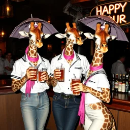very Gay Giraffes sailors with white shirts and berrets and tight jeans standing in a bar drinking drinks with umbrellas, pride, makeup, smoking ciggarets, smiling, sparkling eyes, very happy, after dark, pink scarf, happy hour drinks sign, necking, happy cock hour
