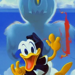 donald duck ghost kaiju destroying a castle by walt disney and dali