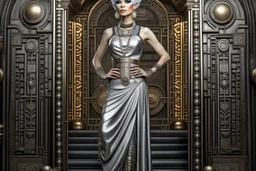 Creation: full body and headshot of a skinny Cleopatra, with a silver bob hairstyle, standing in a steampunk setting.