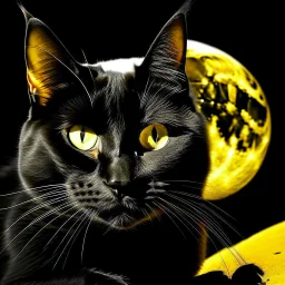 black cat yellow eyes in front of moon