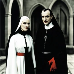 [high res colourful photo by Helmut Newton] Dracula introduces you: sister Bloody Mary, he stands with a pervert smile behind the nun, she is terribly bloody and has pointed canine fangs
