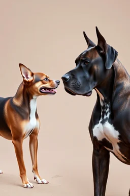 An angry Chihuahua vs Great Dane dogs actual size standing fface to face looking each other