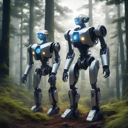 super humanoid robots standing in the forest and watching the mechanical world in the distance