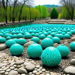 A cyan field with a pebble road designed in Matryoshka dolls painted by Guo Xi