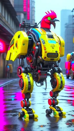 CHICKEN robot, sci-fi, cyberpunk, full body, ultra realistic, virtual reality, cyberpunk city and colors