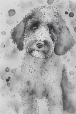 Abstract wet watercolour of a black and white bernadoodle, ink lines, interlinked circles, detailed,focus on eyes, watercolour paper