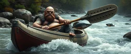 ancient bald fat ogre troll machete sitting relaxed in huge massive kayak in rapid stream, smacking fish with big metal oar with spikes