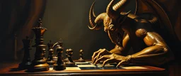 pin hole cam, master oil painting by Rembrandt, realistic rendering chess demon a sense of depth