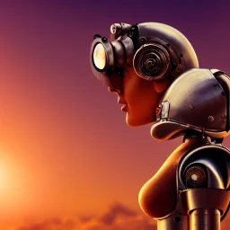 great illustrator, spanish, realistic rendering of a cute spanish girl kissing a robot bird. beautiful, simmetric, steampunk style. Helmet with tubes. Machinery in the background. Robotic bird flying. High details. 4k. unreal engine, sunset