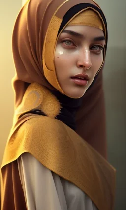 Arab young woman ,Arabic features، cute, beautiful, black eyes,Natural contours, real skin ,Modest Arabic style dress، head and shoulders portrait, cinematic, 8k, resolution concept art portrait by Greg Rutkowski, Artgerm, WLOP, Alphonse Mucha dynamic lighting hyperdetailed intricately detailed