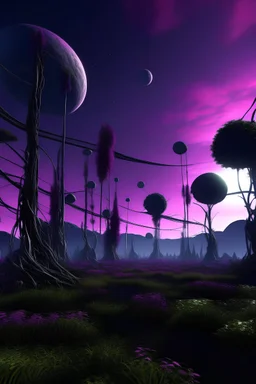 sur une planète inconnue le ciel est violet, les plantes sont mystérieuse. les arbres sont de longue tige qui se sépare en dizaines de lianes et le gazon est des petites boule de lumière