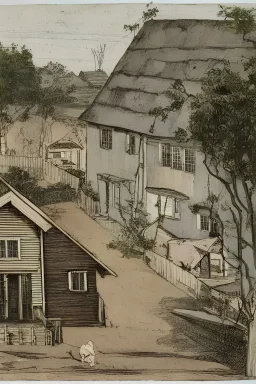 Front of a small, small one-story Farm house built in the middle of a city street flanked by two houses, extremely long shot, panorama street level view, street level view, cartoon art