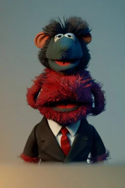 Waist up muppet Portrait, Kim Jong-un as muppet doll, black suit, photo studio, red background, unreal engine 5, concept art, art station, god lights, ray tracing, RTX, lumen lighting, ultra detail, volumetric lighting, 3d.