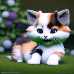 pixar style, volumetric garden environment and background, realistic painting of a cute calico kitten laying on the ground, looking excited, detailed digital painting, extreme dense and fine fur, anime, ornate, colour-washed colors, elegant, small minutiae, tiny features, particulars, centered, smooth, sharp focus, renderman gofur render, 8k, uhd, detailed eyes, realistic shaded volumetric lighting, sunlight caustics, backlight, centered camera view