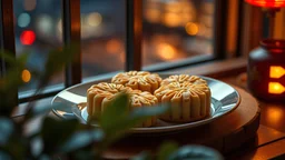 There are four chinese mooncakes on the plate,classical,45 degrees top view,neon lights,life style,Close Shot, middle shot, long shot,by window,night,illuminated by the glowing lights,Foreground Blur,plant